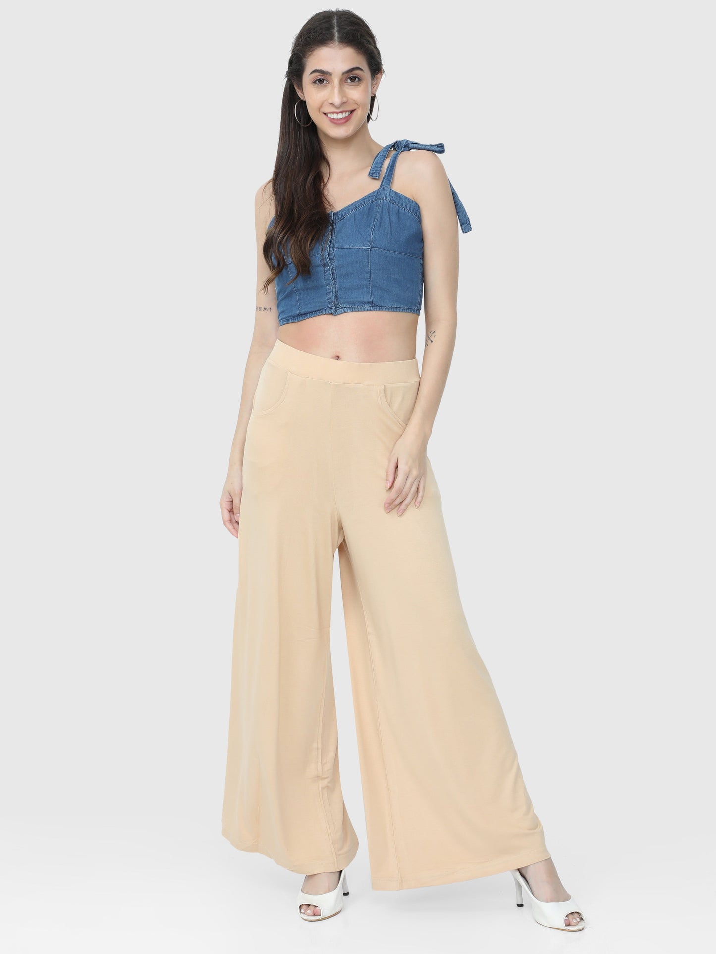 Beige Solid Palazzo Ankle