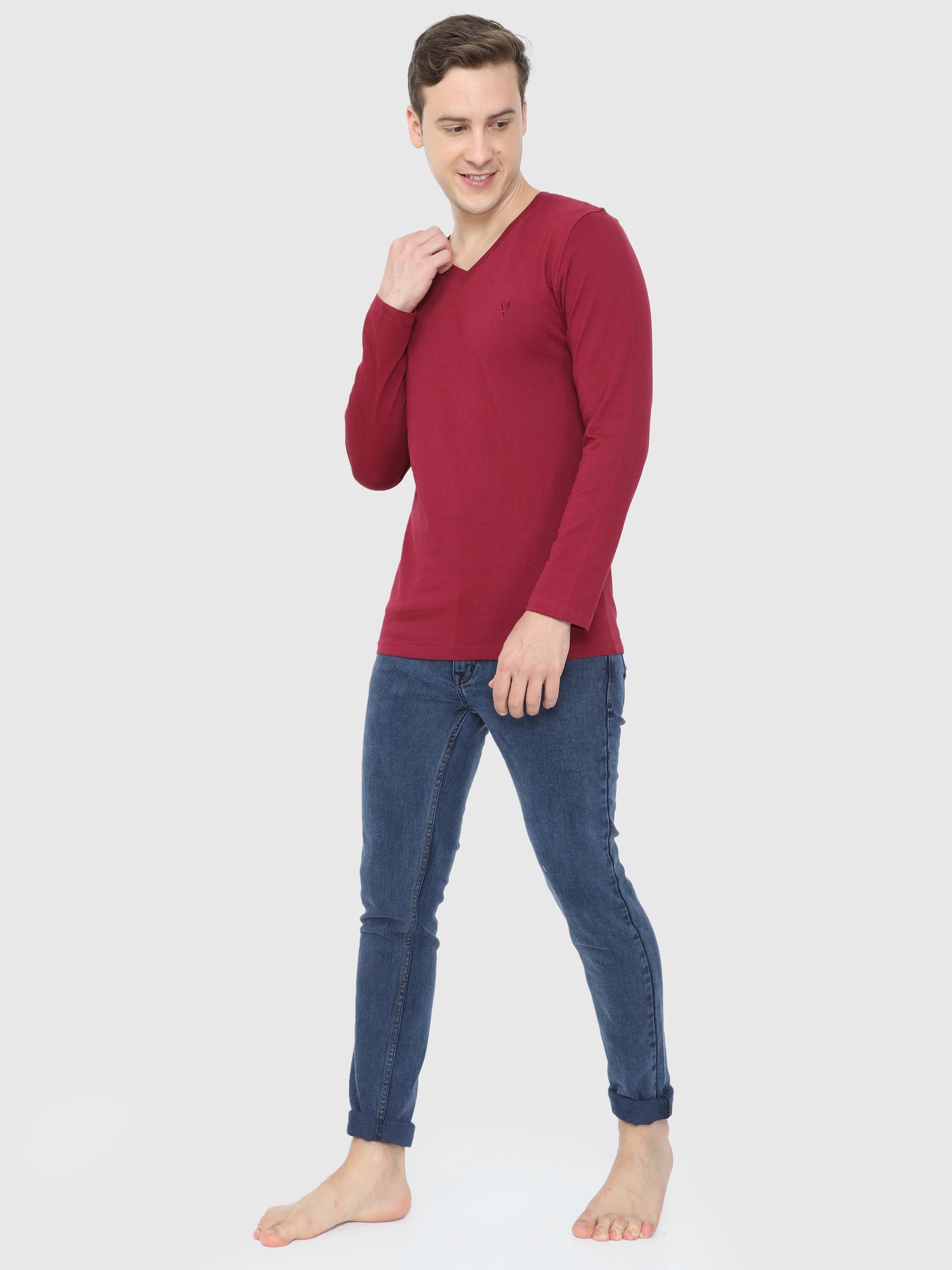 Black Mens Full Sleeve V Neck Plain T Shirt