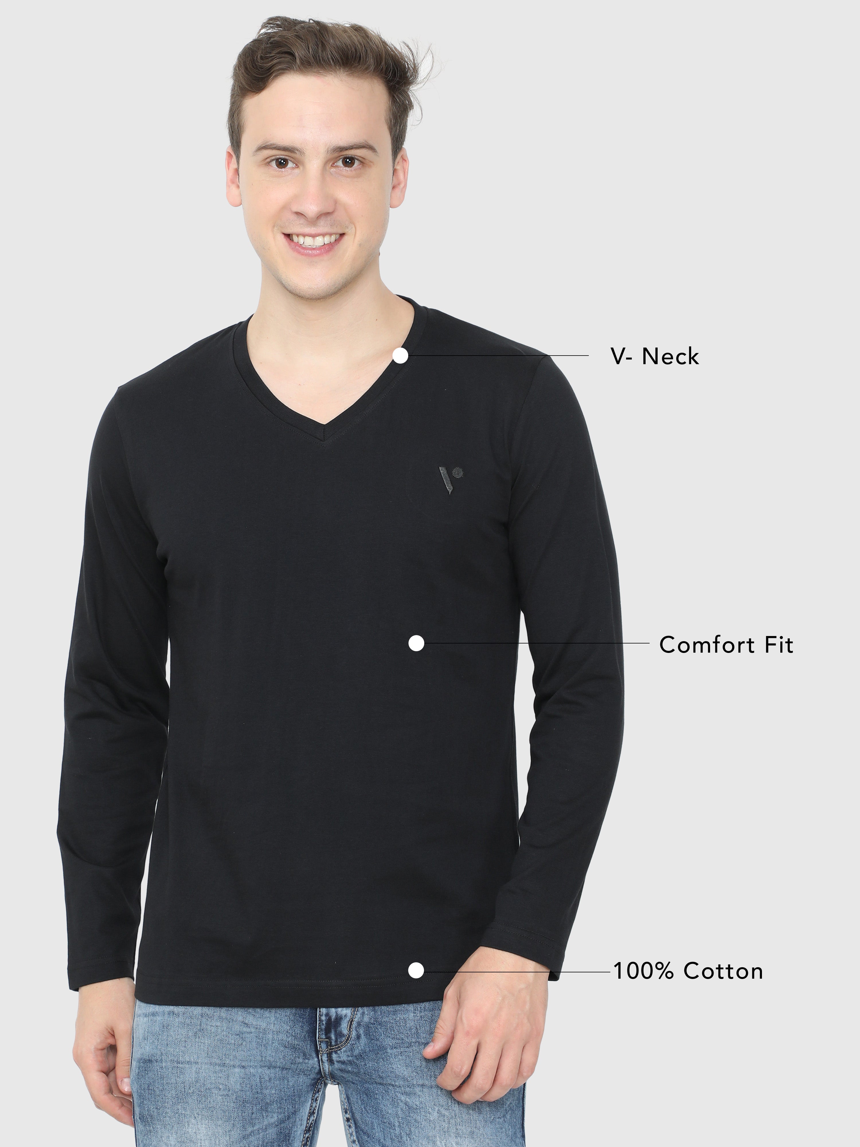 Shop Full Sleeve Black Men s V Neck T Shirts Online VILAN APPARELS