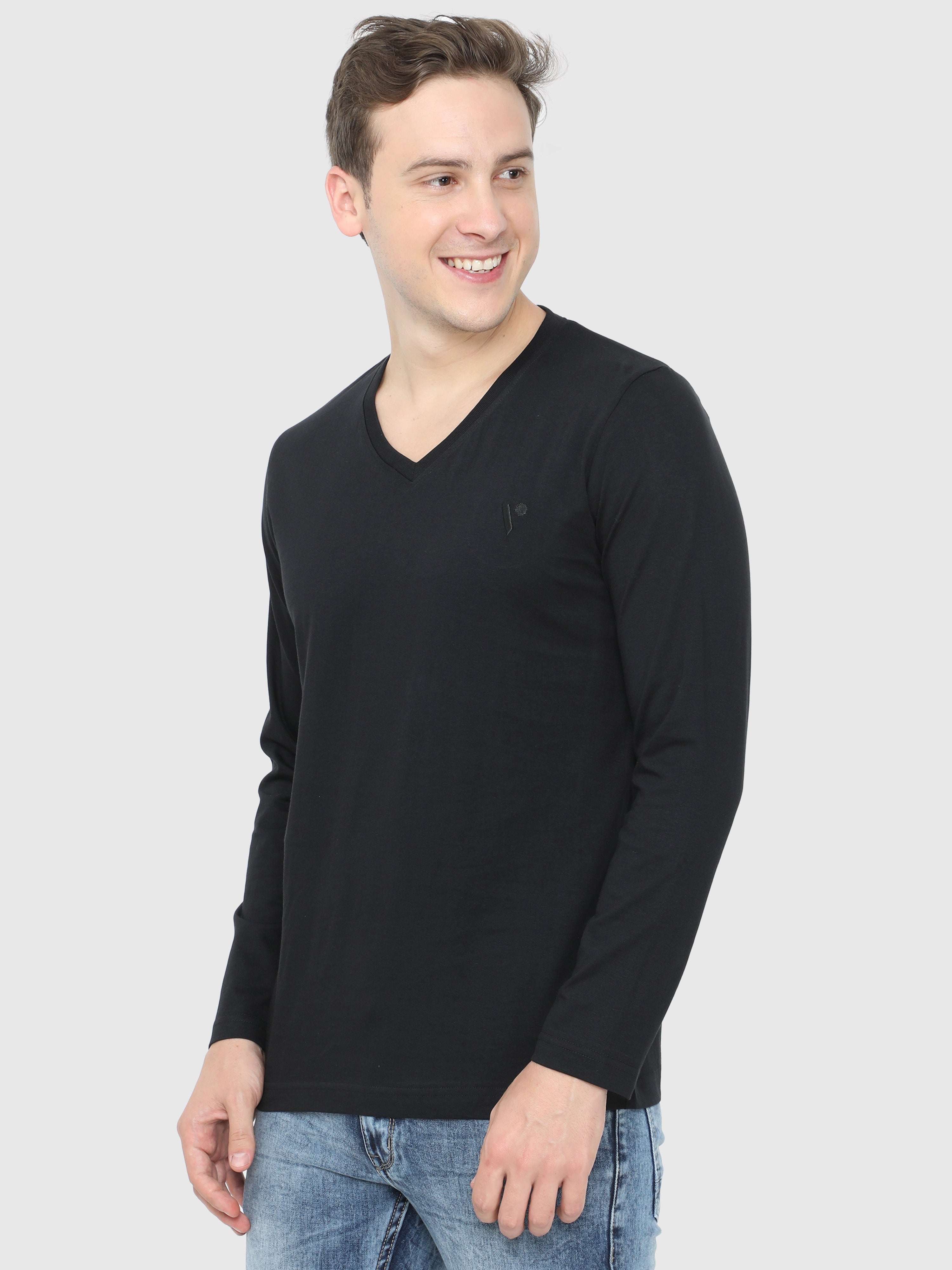 Black v neck clearance t shirt full sleeve